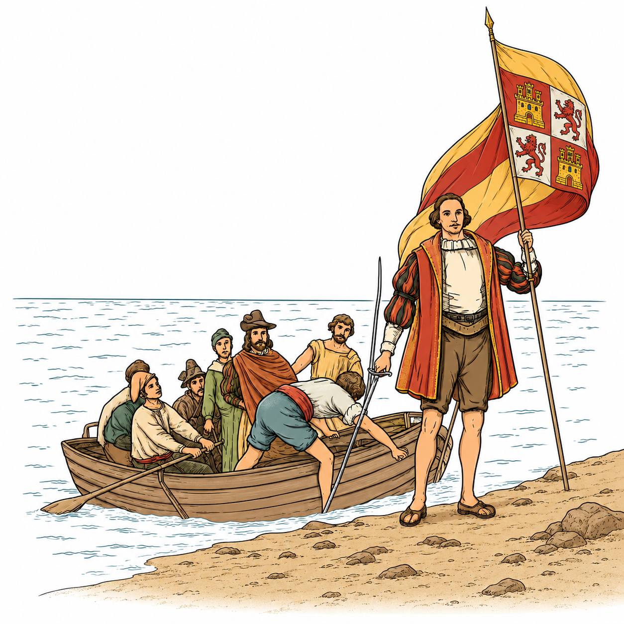 Desembarco historico con la bandera espanola